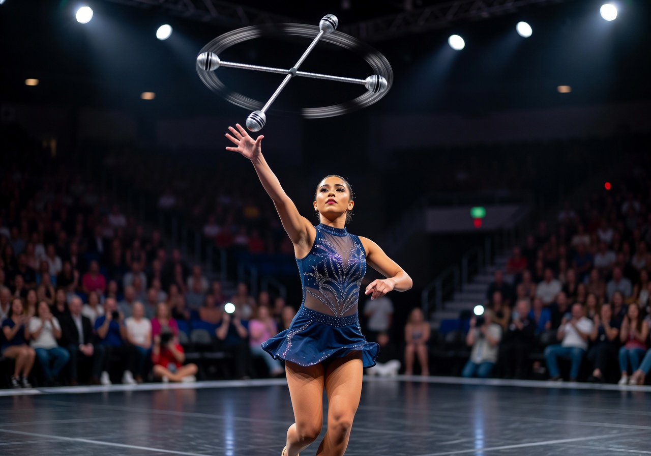Baton spinning above an athlete's hand mid-routine