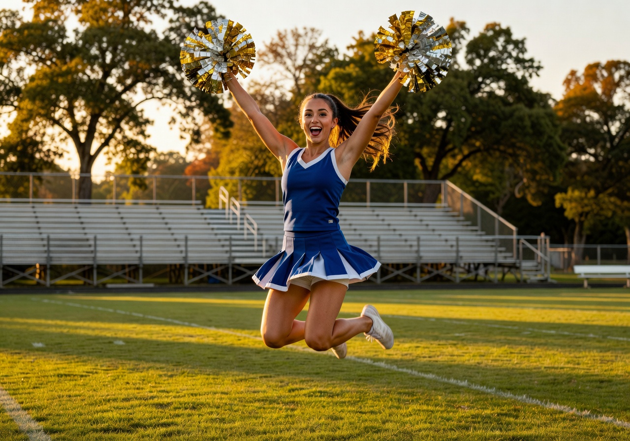Cheerleader leaping with pom-poms in golden light
