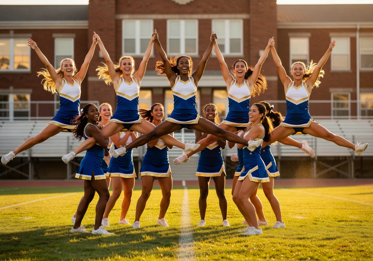 Cheerleading team performing a synchronized routine in warm afternoon light