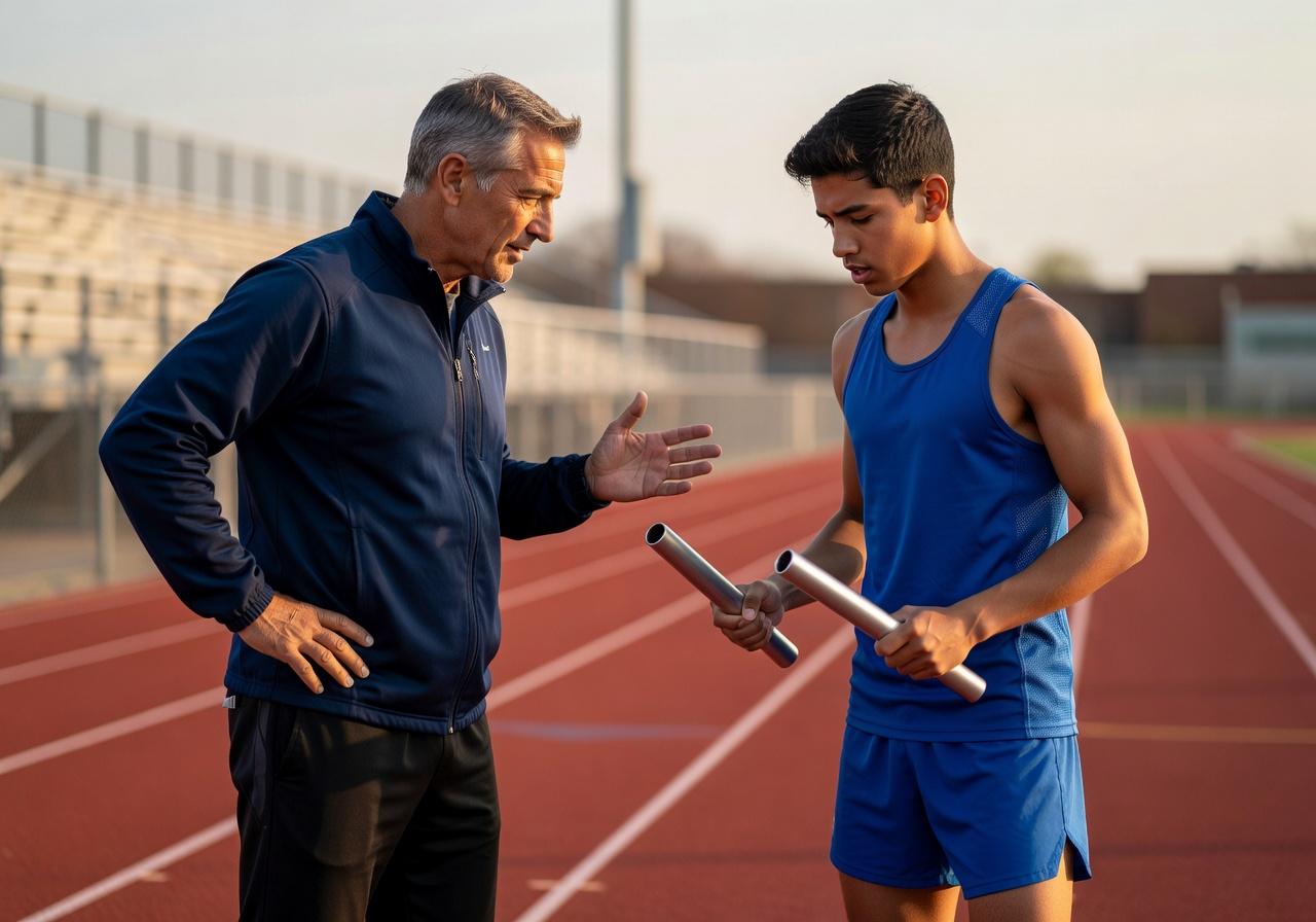 Coach mentoring a young athlete with batons in hand
