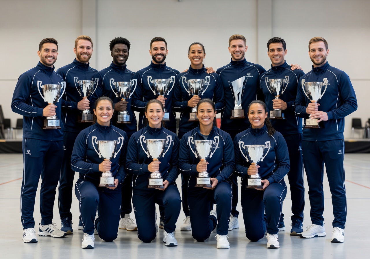 Competition team in matching uniforms holding trophies