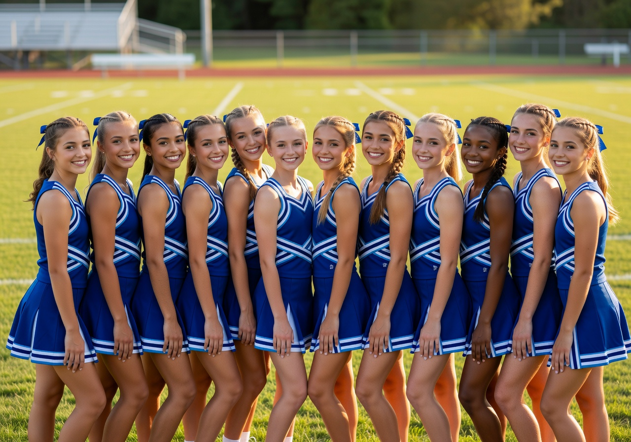 Lineup of young cheerleaders smiling in matching uniforms
