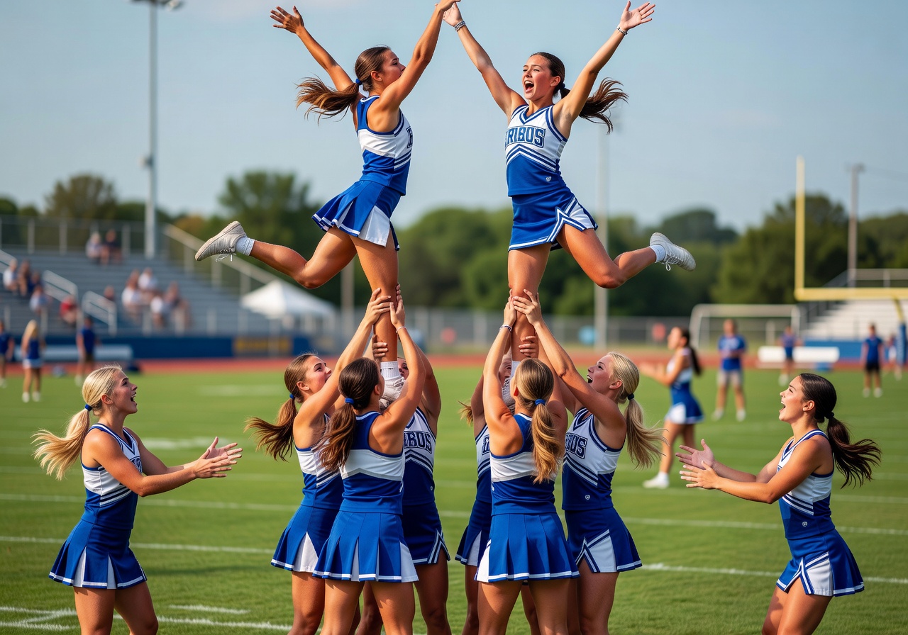 Teen cheerleaders performing a stunt sequence
