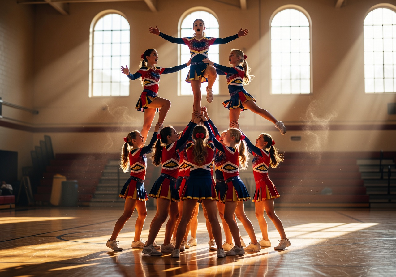 Young cheerleaders practicing pyramids on a sunlit gym floor
